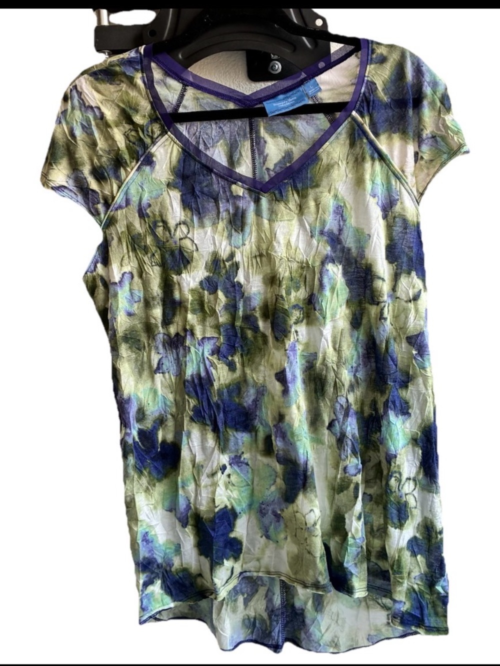 Simply Vera Vera Wang Floral V-Neck Cap Sleeve Top - Blue Green Size Large